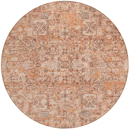 8' Salmon Orange And Gray Round Floral Washable Indoor Outdoor Area Rug Photo 2