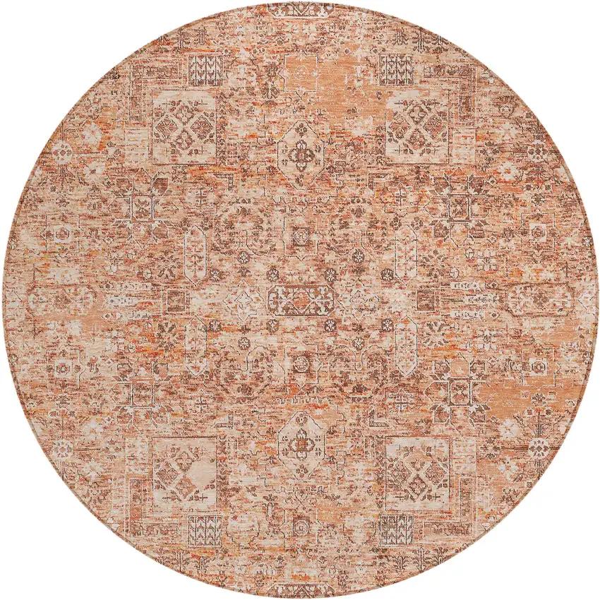 8' Salmon Orange And Gray Round Floral Washable Indoor Outdoor Area Rug Photo 2