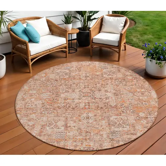 8' Salmon Orange And Gray Round Floral Washable Indoor Outdoor Area Rug Photo 1