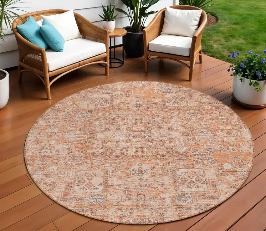 8' Salmon Orange And Gray Round Floral Washable Indoor Outdoor Area Rug Photo 1