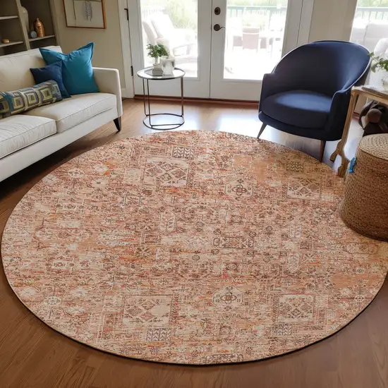 8' Salmon Orange And Gray Round Floral Washable Indoor Outdoor Area Rug Photo 7