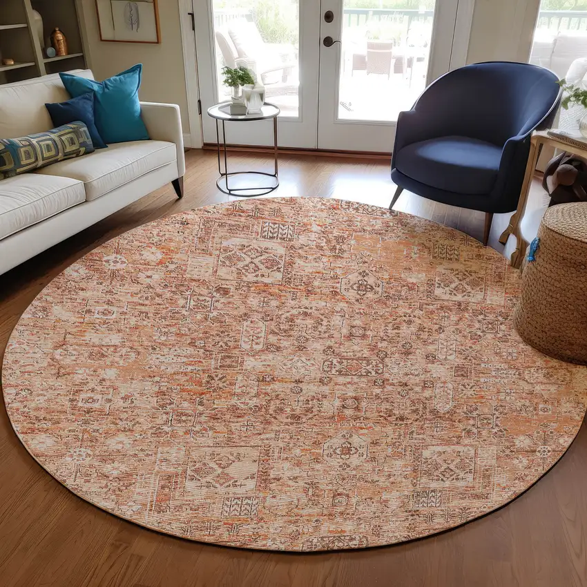 8' Salmon Orange And Gray Round Floral Washable Indoor Outdoor Area Rug Photo 7