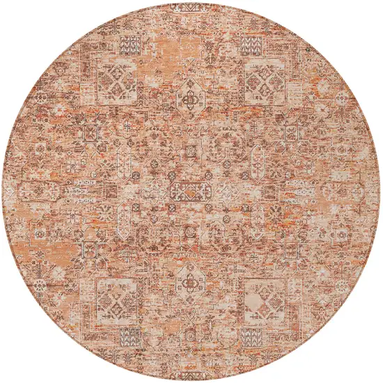 8' Salmon Orange And Gray Round Floral Washable Indoor Outdoor Area Rug Photo 5
