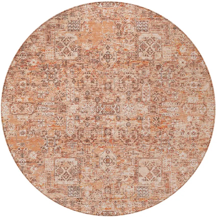 8' Salmon Orange And Gray Round Floral Washable Indoor Outdoor Area Rug Photo 5