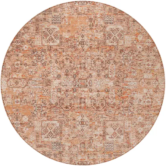 8' Salmon Orange And Gray Round Floral Washable Indoor Outdoor Area Rug Photo 5