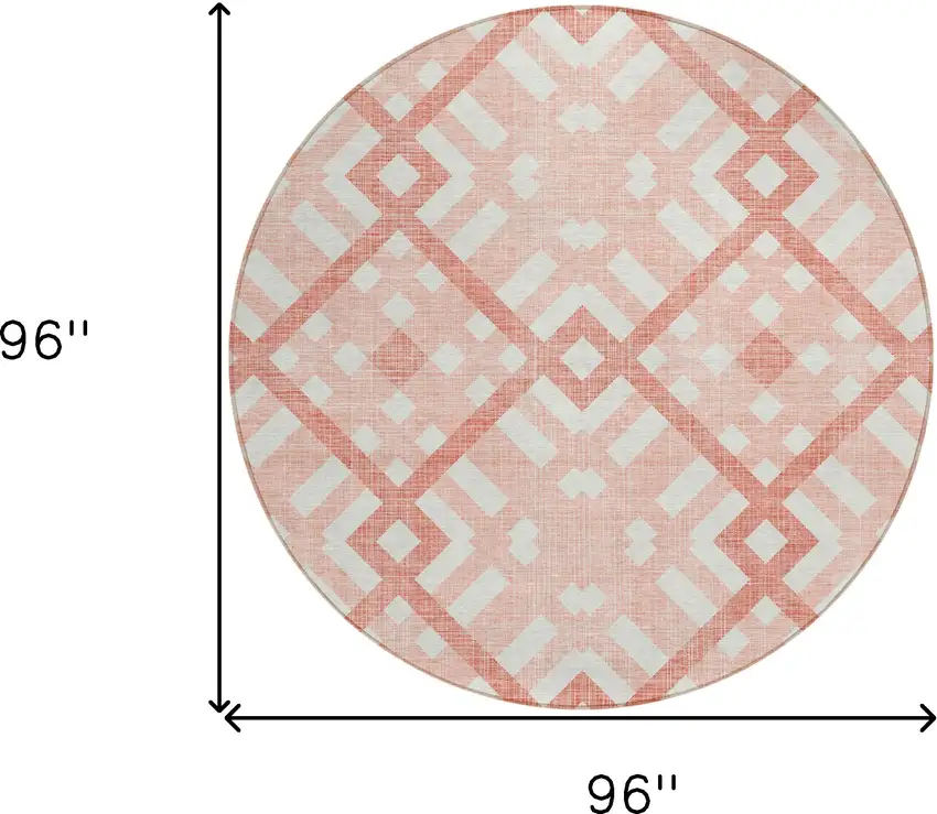 8' Salmon Peach And Ivory Round Geometric Washable Indoor Outdoor Area Rug Photo 3