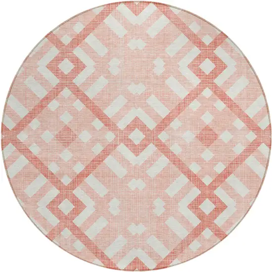 8' Salmon Peach And Ivory Round Geometric Washable Indoor Outdoor Area Rug Photo 2