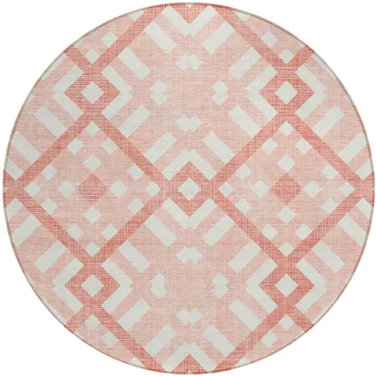 8' Salmon Peach And Ivory Round Geometric Washable Indoor Outdoor Area Rug Photo 2
