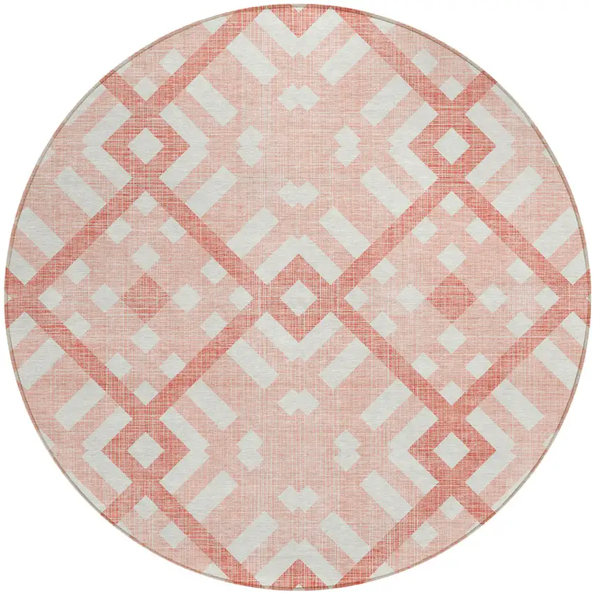 8' Salmon Peach And Ivory Round Geometric Washable Indoor Outdoor Area Rug Photo 2