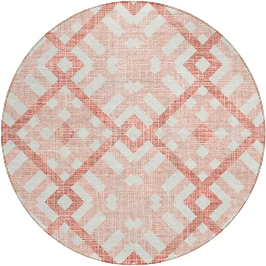8' Salmon Peach And Ivory Round Geometric Washable Indoor Outdoor Area Rug Photo 2