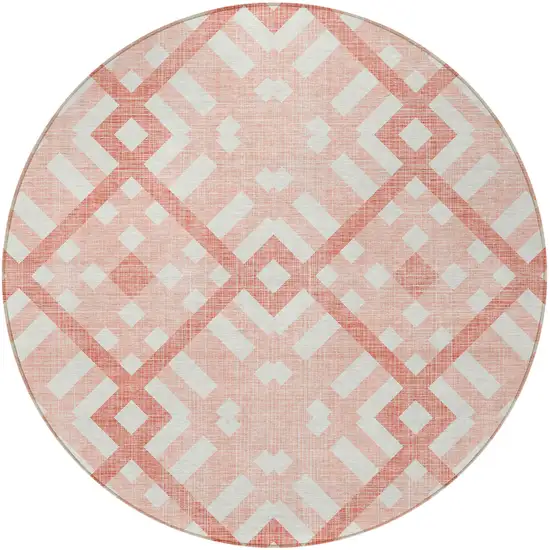 8' Salmon Peach And Ivory Round Geometric Washable Indoor Outdoor Area Rug Photo 5