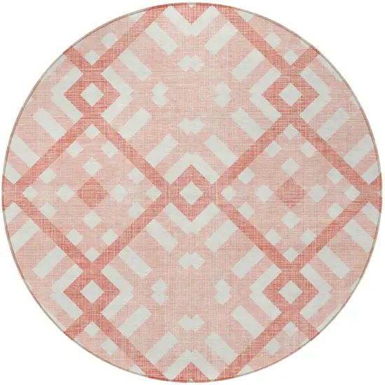 8' Salmon Peach And Ivory Round Geometric Washable Indoor Outdoor Area Rug Photo 5