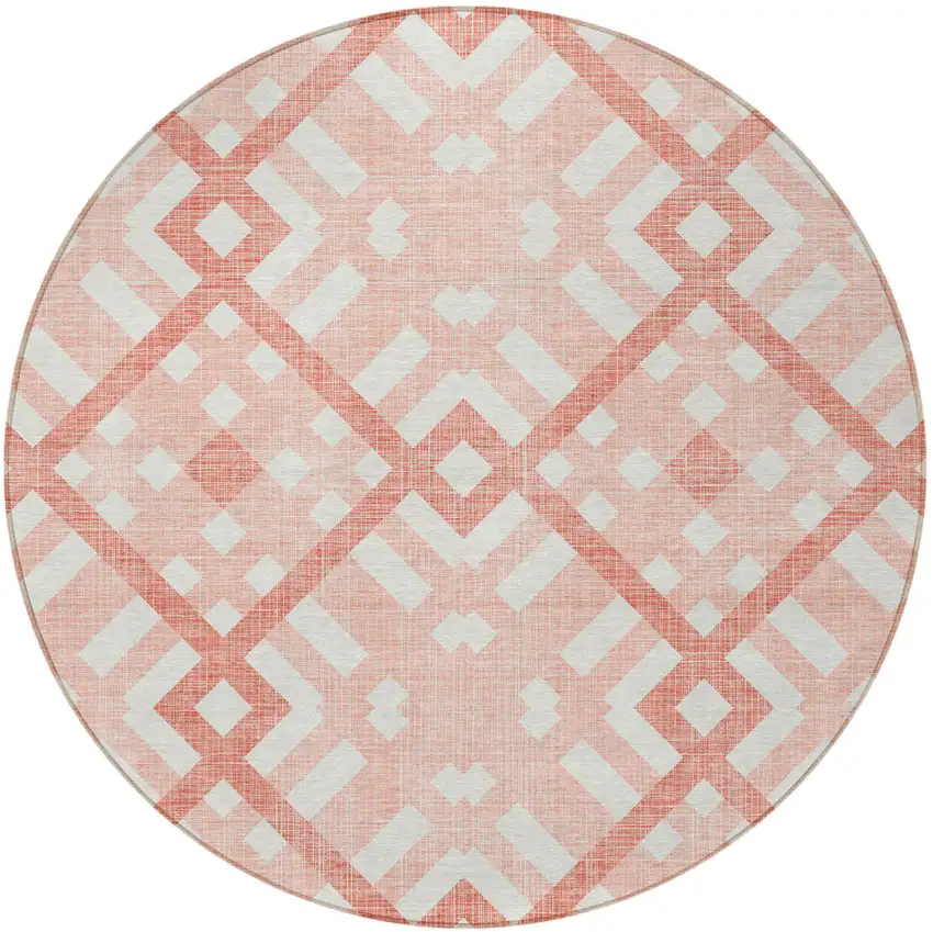 8' Salmon Peach And Ivory Round Geometric Washable Indoor Outdoor Area Rug Photo 5