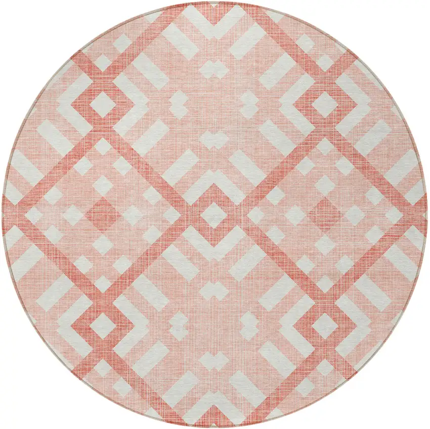 8' Salmon Peach And Ivory Round Geometric Washable Indoor Outdoor Area Rug Photo 5