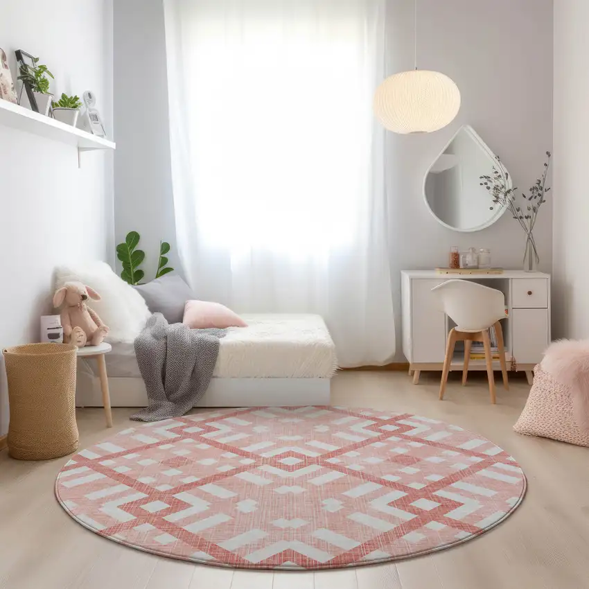 8' Salmon Peach And Ivory Round Geometric Washable Indoor Outdoor Area Rug Photo 7