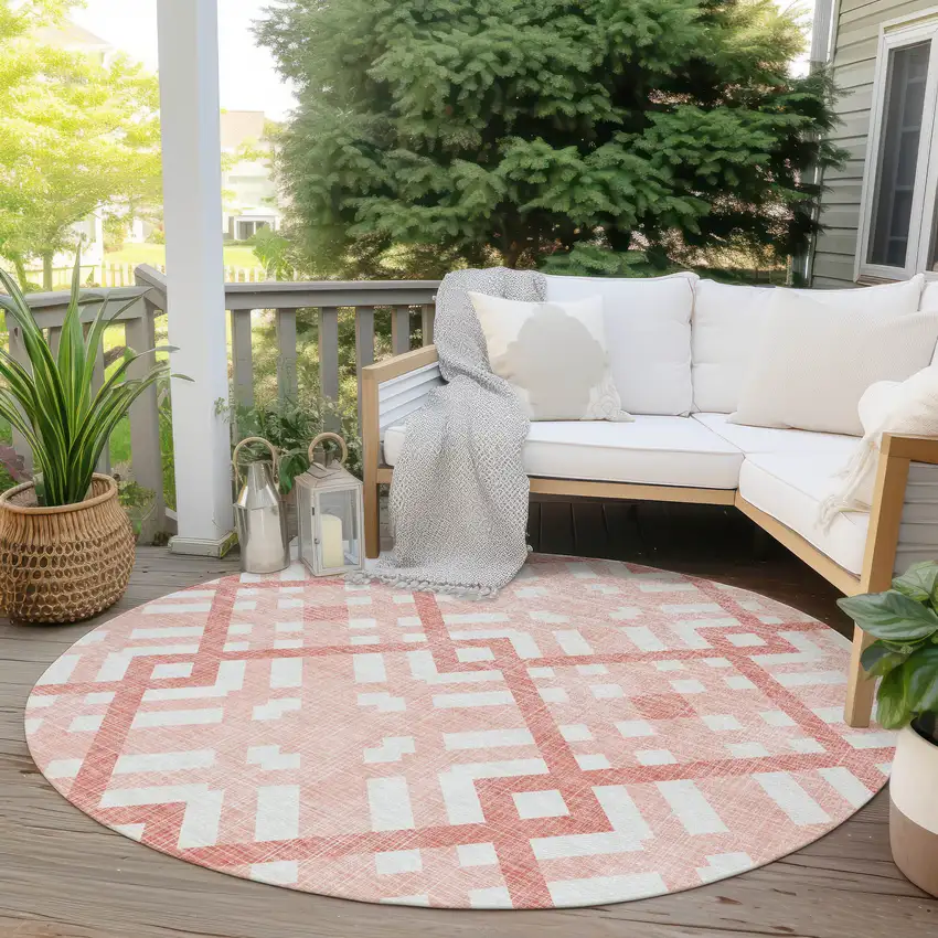 8' Salmon Peach And Ivory Round Geometric Washable Indoor Outdoor Area Rug Photo 6