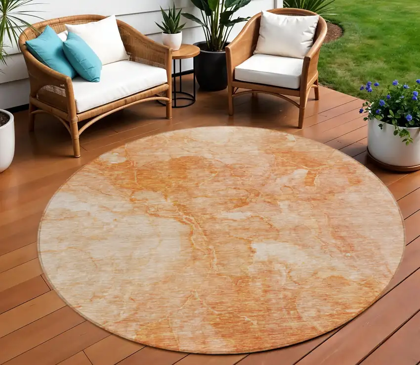 8' Salmon Peach And Ivory Round Nautical Washable Indoor Outdoor Area Rug Photo 1