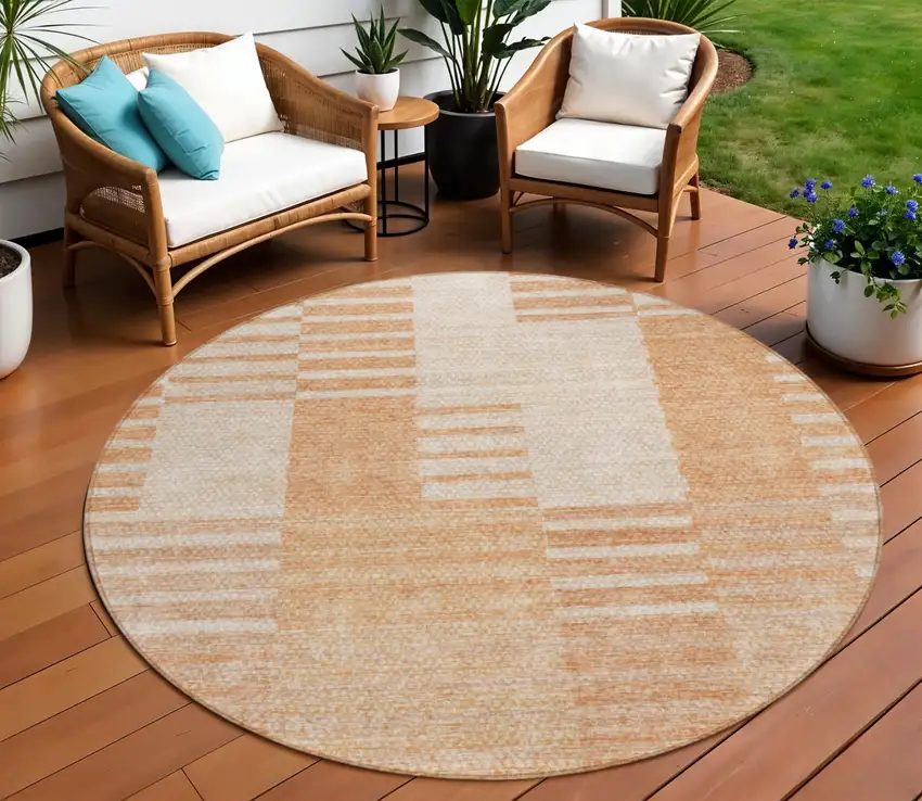 8' Salmon Peach And Ivory Round Striped Washable Indoor Outdoor Area Rug Photo 1