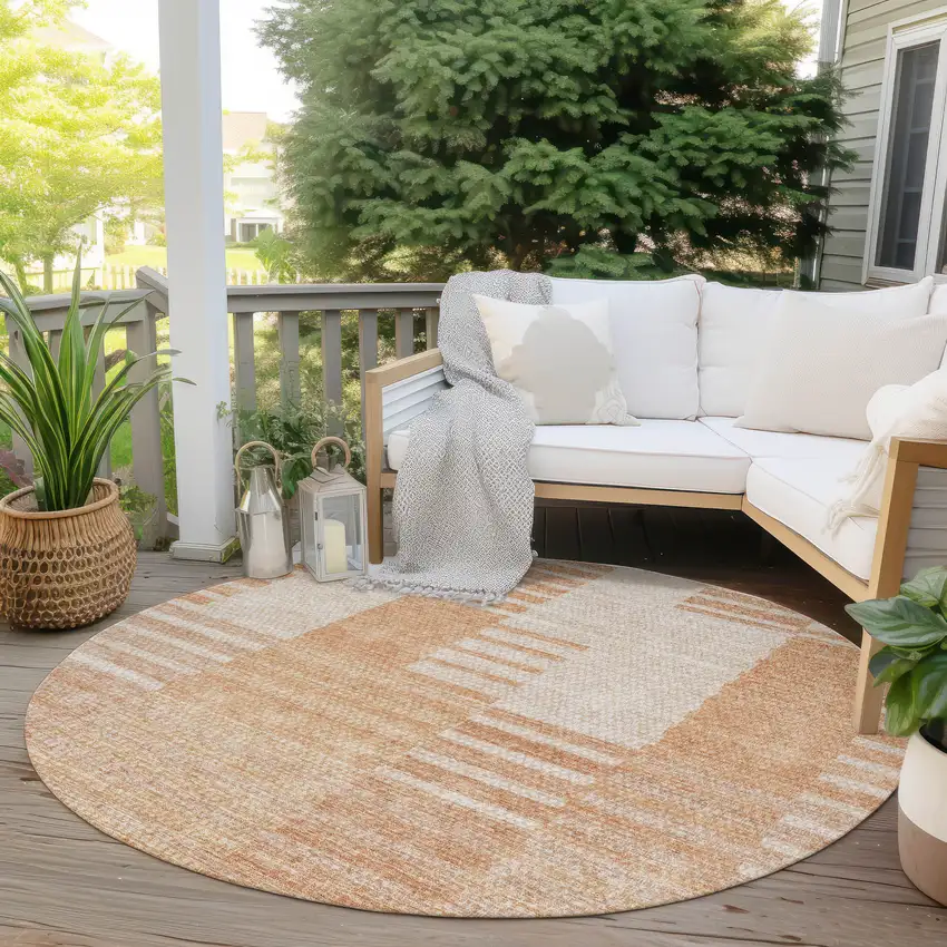 8' Salmon Peach And Ivory Round Striped Washable Indoor Outdoor Area Rug Photo 6