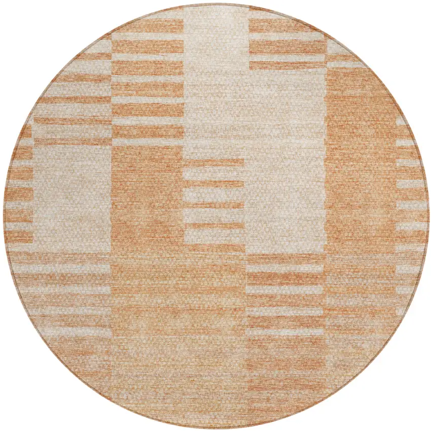 8' Salmon Peach And Ivory Round Striped Washable Indoor Outdoor Area Rug Photo 2