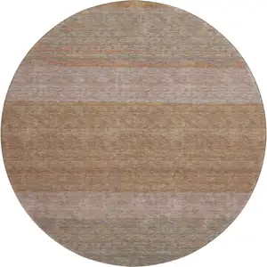 Photo of 8' Salmon Rust And Gray Striped Washable Round Rug With UV Protection