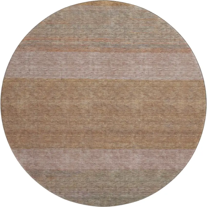 8' Salmon Rust And Gray Striped Washable Round Rug With UV Protection Photo 1