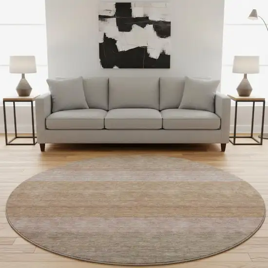 8' Salmon Rust And Gray Striped Washable Round Rug With UV Protection Photo 2