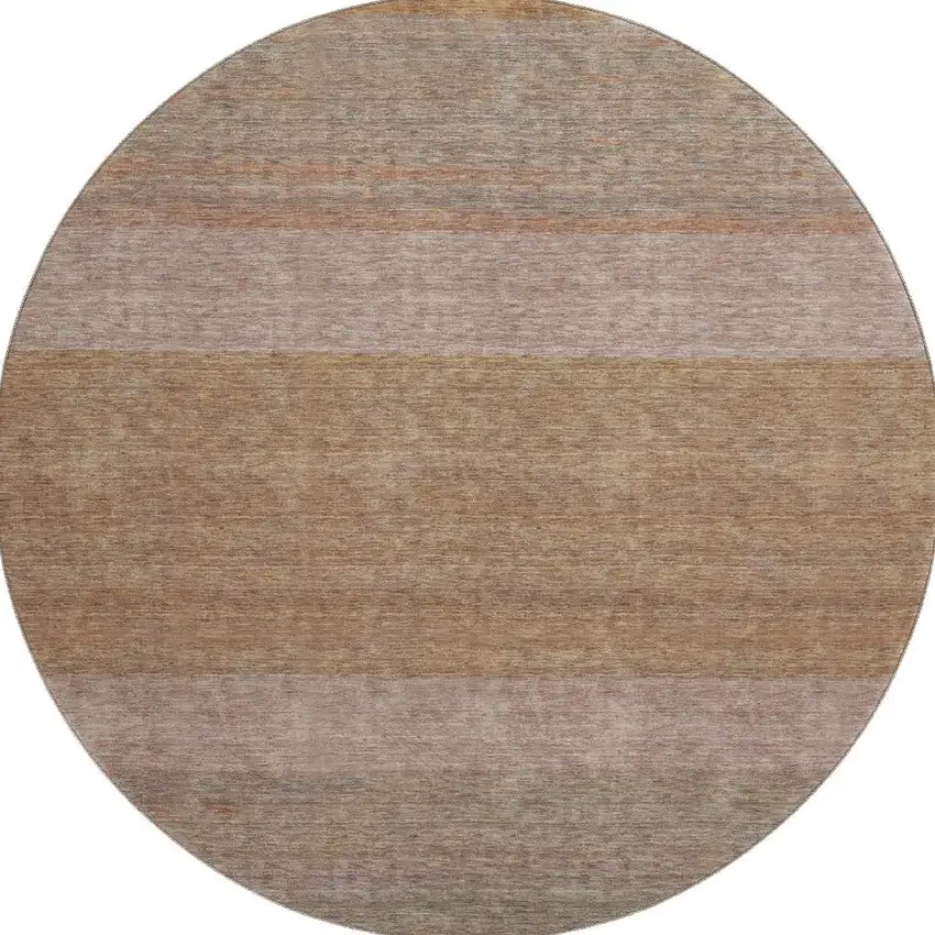 8' Salmon Rust And Gray Striped Washable Round Rug With UV Protection Photo 2