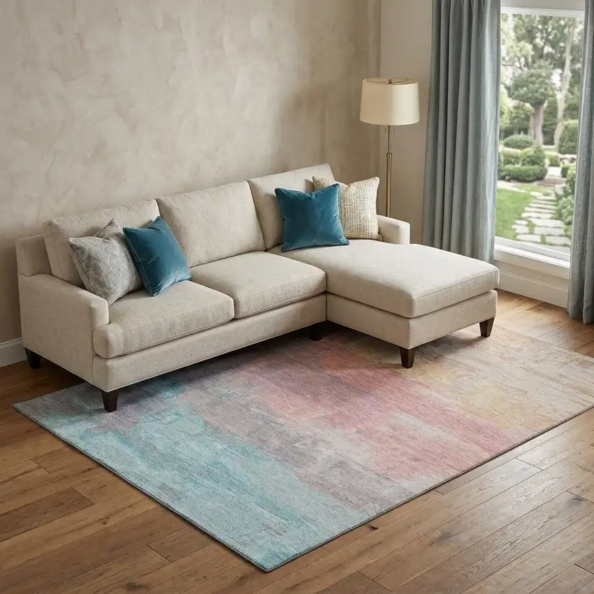 8' Salmon Silver And Teal Abstract Washable Area Rug With UV Protection Photo 1