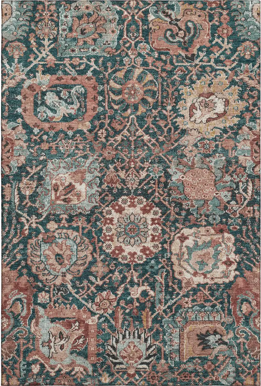 8' Salmon Teal And Peach Damask Washable Area Rug With UV Protection Photo 1
