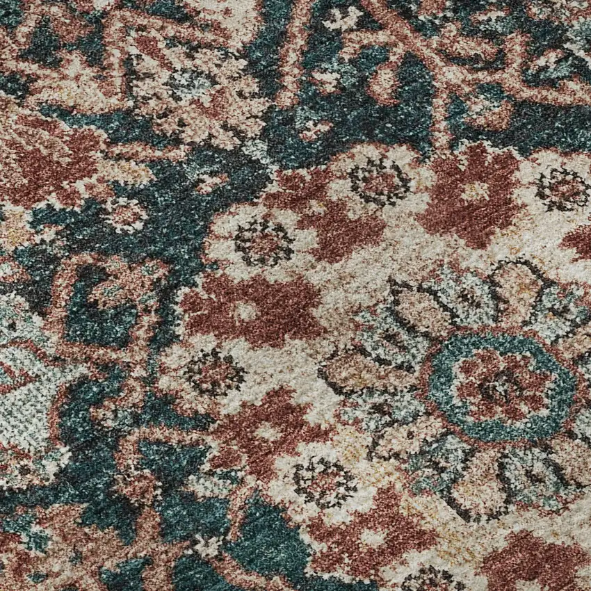 8' Salmon Teal And Peach Damask Washable Area Rug With UV Protection Photo 9