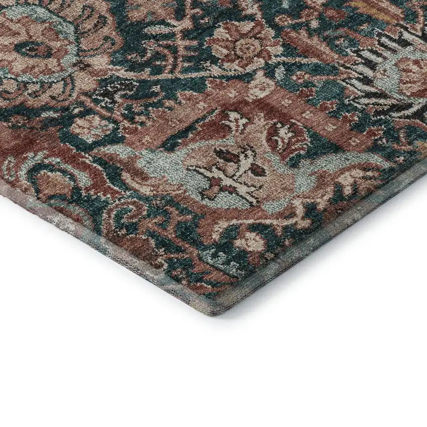 8' Salmon Teal And Peach Damask Washable Area Rug With UV Protection Photo 7