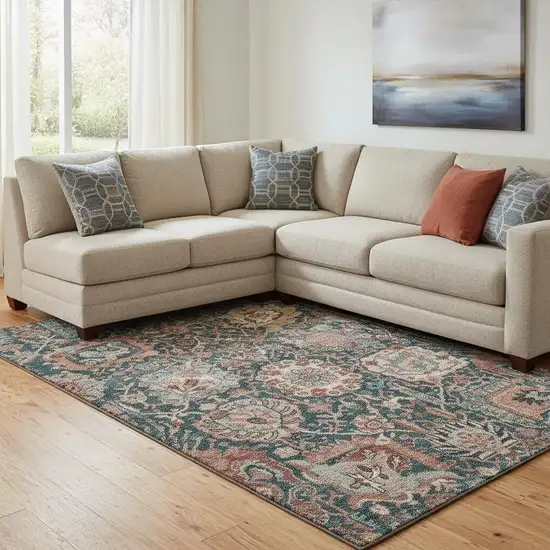 8' Salmon Teal And Peach Damask Washable Area Rug With UV Protection Photo 2