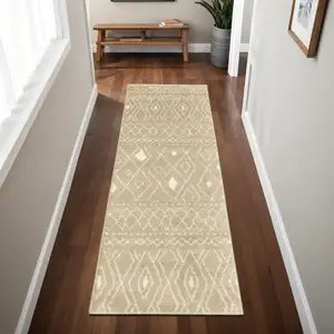 Photo of 8' Sand And Ivory Geometric Power Loom Runner Rug