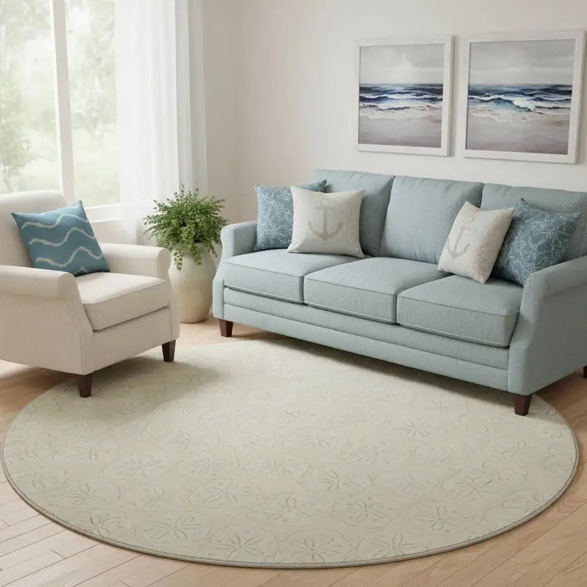 8' Sand And Ivory Geometric Washable Round Rug With UV Protection Photo 1