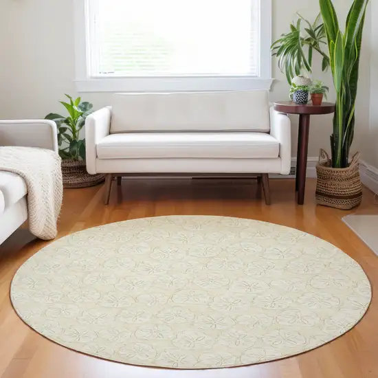 8' Sand And Ivory Geometric Washable Round Rug With UV Protection Photo 5