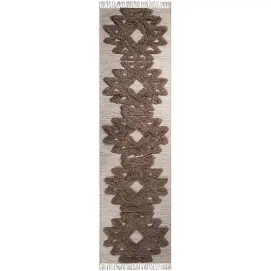 10' Sand And Taupe Wool Geometric Flatweave Handmade Stain Resistant Runner Rug With Fringe Photo 1