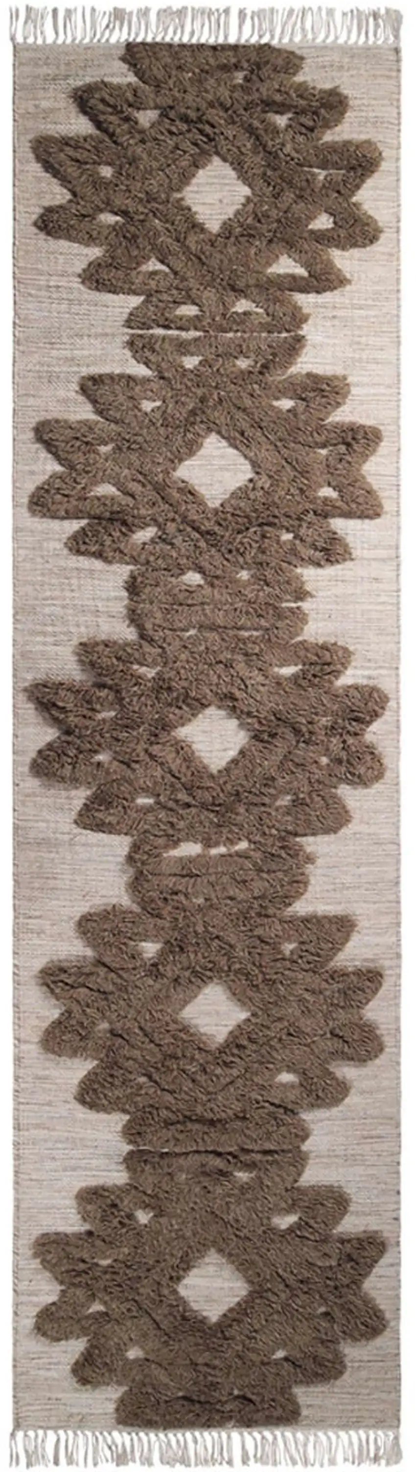 10' Sand And Taupe Wool Geometric Flatweave Handmade Stain Resistant Runner Rug With Fringe Photo 1