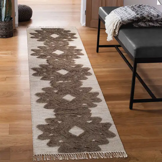 10' Sand And Taupe Wool Geometric Flatweave Handmade Stain Resistant Runner Rug With Fringe Photo 5