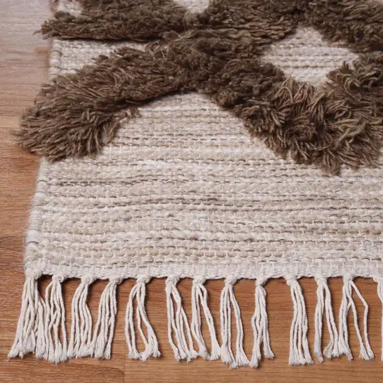 10' Sand And Taupe Wool Geometric Flatweave Handmade Stain Resistant Runner Rug With Fringe Photo 3