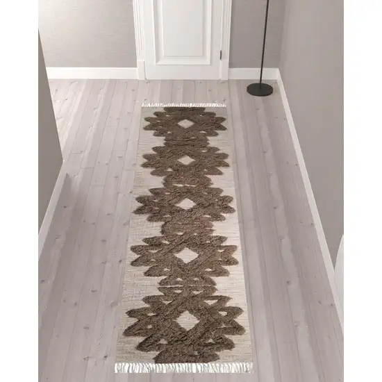 10' Sand And Taupe Wool Geometric Flatweave Handmade Stain Resistant Runner Rug With Fringe Photo 2