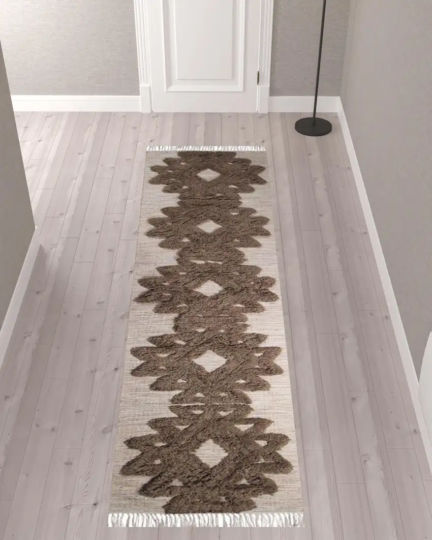 10' Sand And Taupe Wool Geometric Flatweave Handmade Stain Resistant Runner Rug With Fringe Photo 2