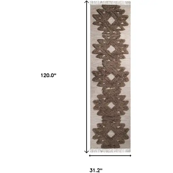 10' Sand And Taupe Wool Geometric Flatweave Handmade Stain Resistant Runner Rug With Fringe Photo 7