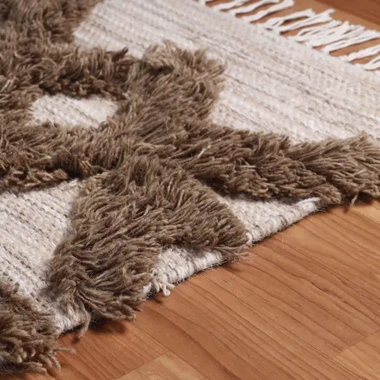 10' Sand And Taupe Wool Geometric Flatweave Handmade Stain Resistant Runner Rug With Fringe Photo 6