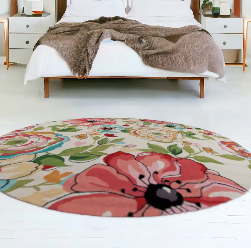 8' Sand Beige Hand Hooked Oversized Floral Round Indoor Area Rug Photo 2