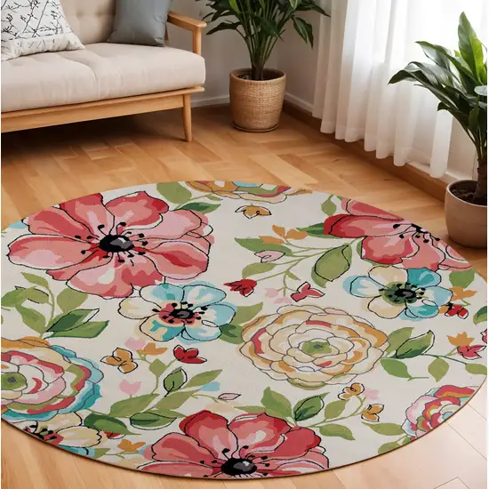 Sand Blue And Red Floral Hand Hooked Round Rug Photo 1