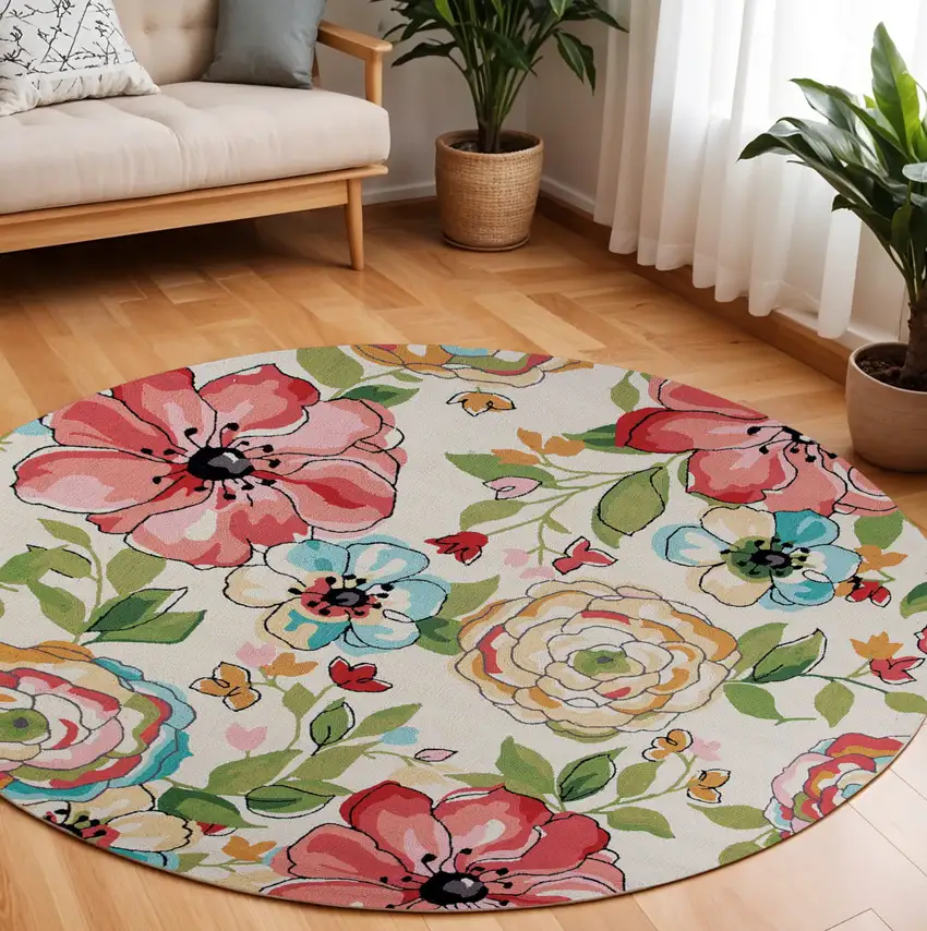 Sand Blue And Red Floral Hand Hooked Round Rug Photo 1