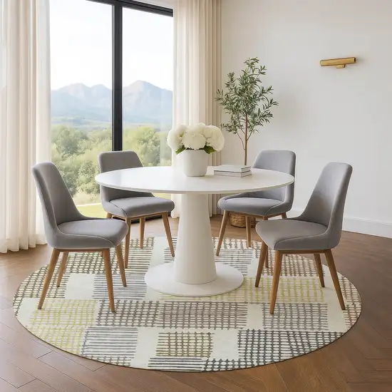 8' Sand Brown And Ivory Geometric Washable Round Rug With UV Protection Photo 5