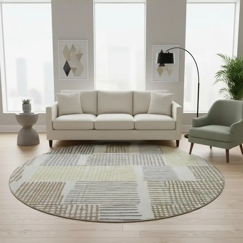 8' Sand Brown And Ivory Geometric Washable Round Rug With UV Protection Photo 2