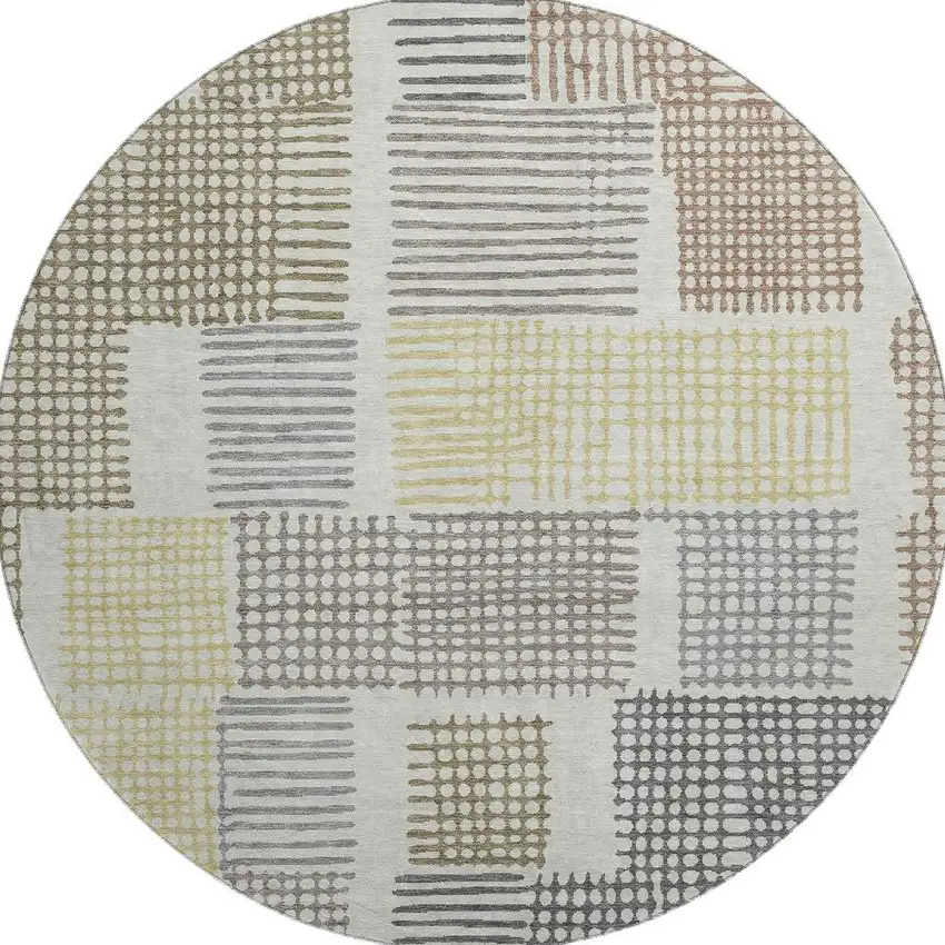 8' Sand Brown And Ivory Geometric Washable Round Rug With UV Protection Photo 4